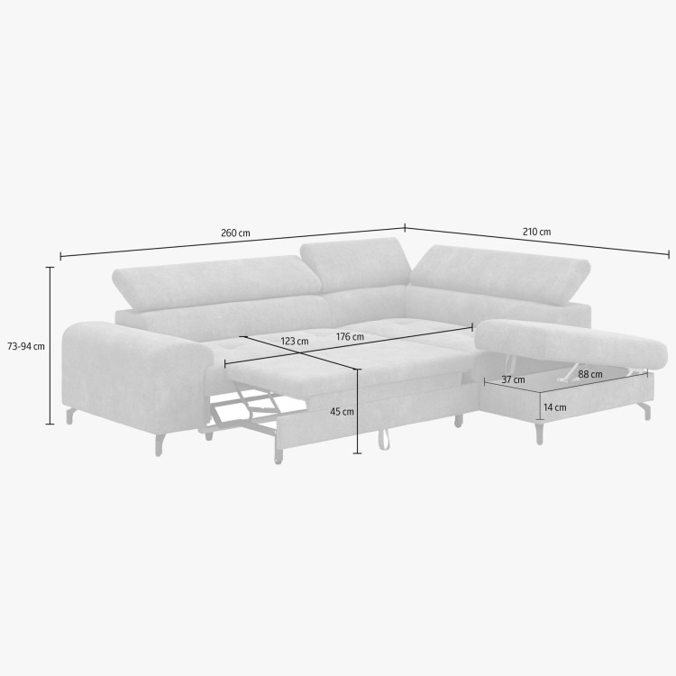 Récksofa mit Schlaffunktion und Stauraum - Rechts, Farbe Coal