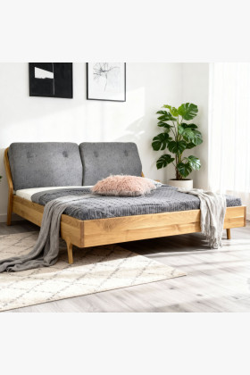 Massivholz Eichenbett 180x200 cm mit Stoff-Kopfteil natur