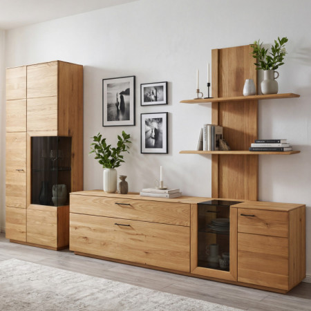 Obývací Wand aus Eichenholz Vitrine, Regale und TV-Kommode