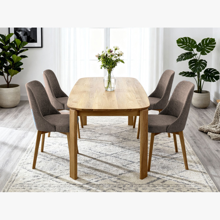 Elegante Esszimmerstühle aus graubraunem Stoff mit Eichenbeinen