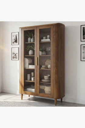 Dvouřadá skleněná vitrína ořešák s dřevěnými policemi
