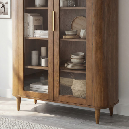 Zweiflügelige Glastürvitrine in Nussbaumfarbe