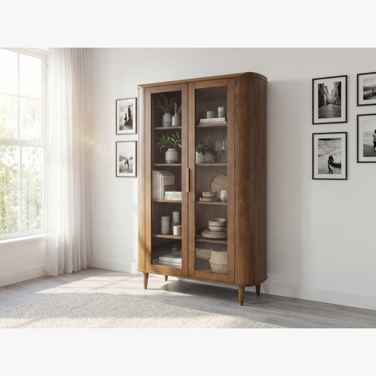 Zweiflügelige Glastürvitrine in Nussbaumfarbe