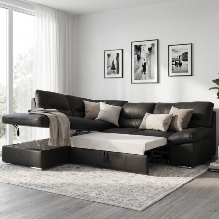 Rundecksofa - echtes Leder schwarz, William Eckelement links