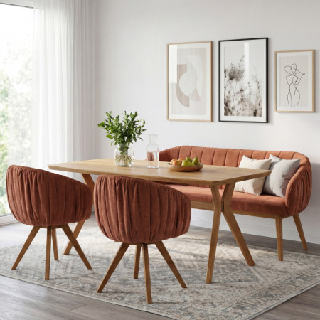 Gepolsterte Bank Elba mit Eichenbeinen in Ziegelrot