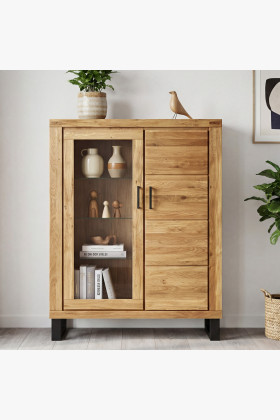 Niedrige Eichenvitrine mit Glas und Metallbeinen
