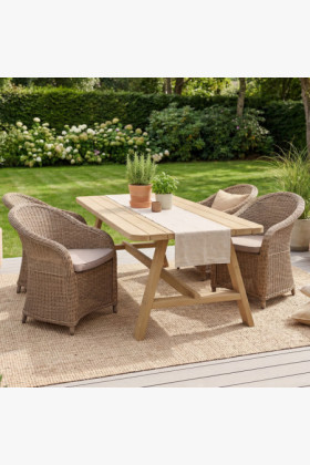 Garten-Set Tisch Fichtenholz Grau 200cm mit 4 Rattanstühlen