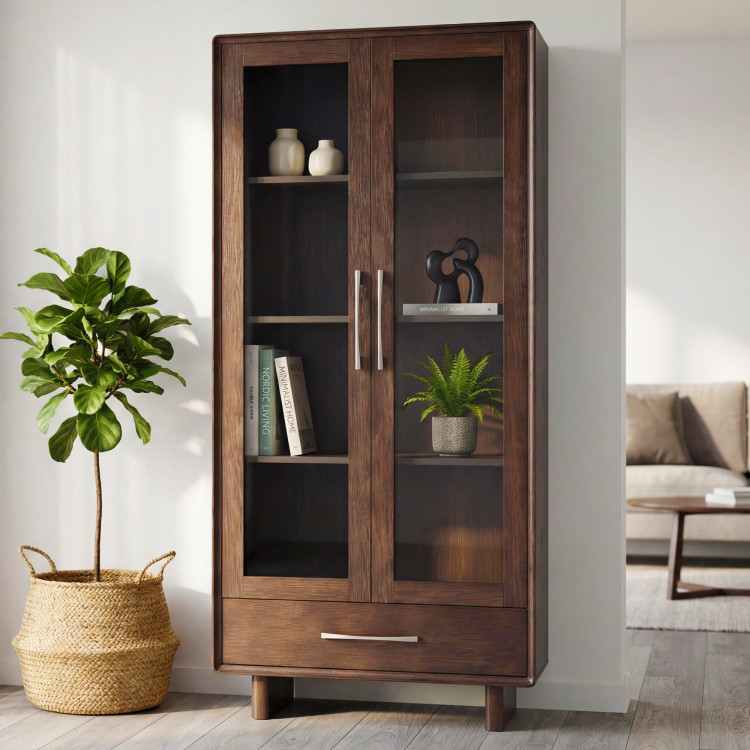 Vitrine mit Glastüren und Schublade in Nussbaumfarbe