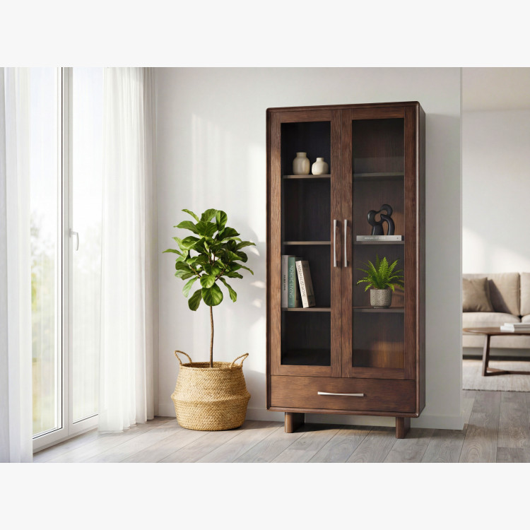 Vitrine mit Glastüren und Schublade in Nussbaumfarbe