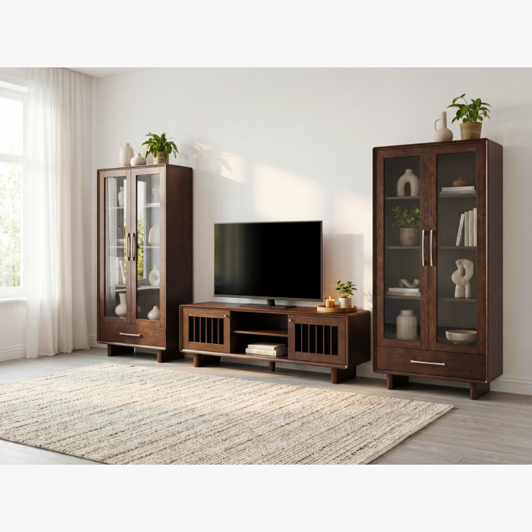 Vitrine mit Glastüren und Schublade in Nussbaumfarbe