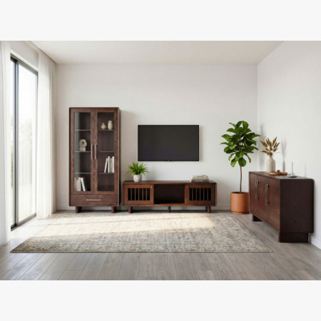 Vitrine mit Glastüren und Schublade in Nussbaumfarbe