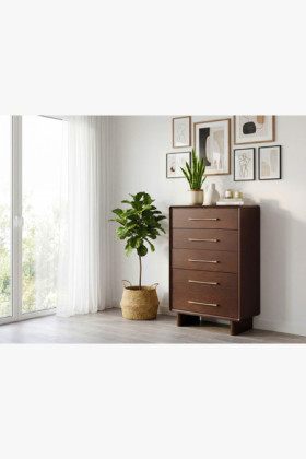 Hohe Design-Kommode mit 5 Schubladen in Nussbaumfarbe 2