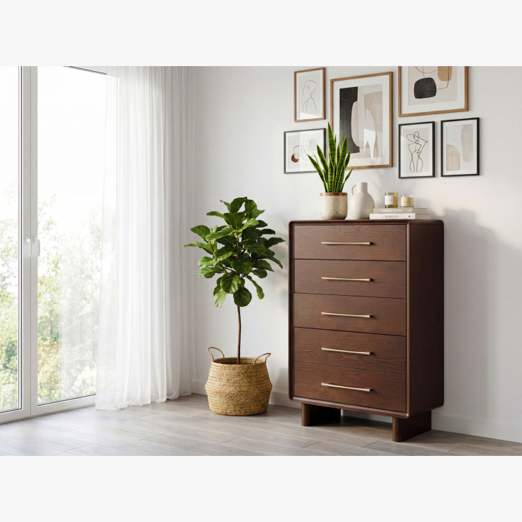 Hohe Design-Kommode mit 5 Schubladen in Nussbaumfarbe