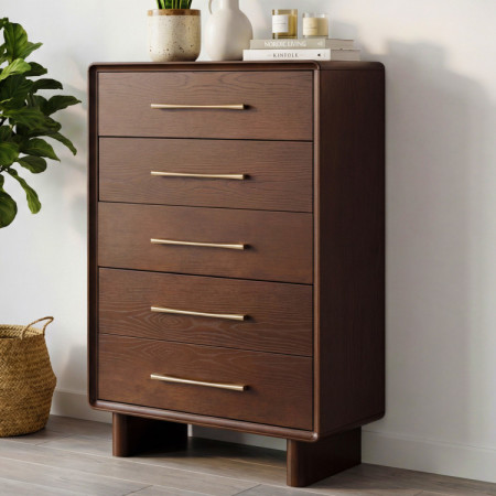 Hohe Design-Kommode mit 5 Schubladen in Nussbaumfarbe