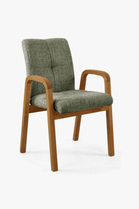 Eichenstuhl mit Armlehnen, grün gepolstert