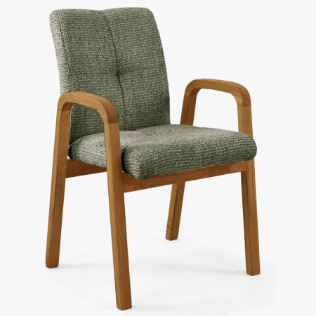 Eichenstuhl mit Armlehnen, grün gepolstert
