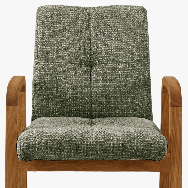 Eichenstuhl mit Armlehnen, grün gepolstert