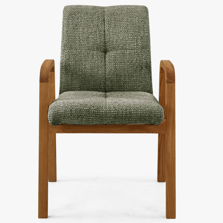 Eichenstuhl mit Armlehnen, grün gepolstert