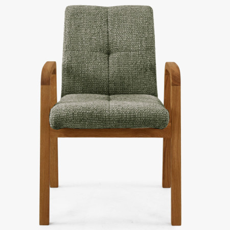 Eichenstuhl mit Armlehnen, grün gepolstert