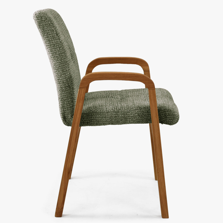Eichenstuhl mit Armlehnen, grün gepolstert