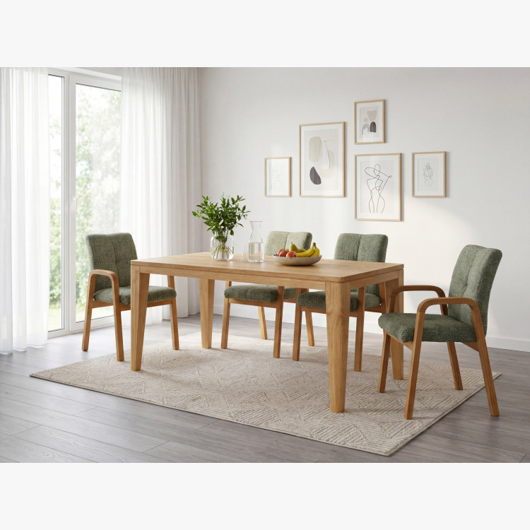 Eichenstuhl mit Armlehnen, grün gepolstert