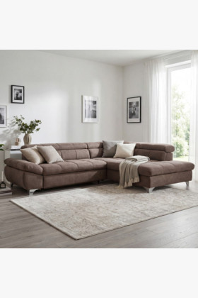 Eckcouchgarnitur mit Schlaffunktion Grau-Braun Holzrahmen