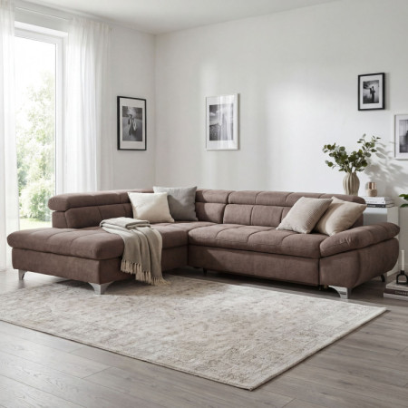 Rundecke Sofa mit Schlaffunktion Farbe Braun-Grau, Ecke links