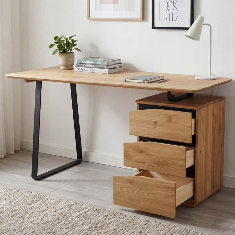 Eichen-Schreibtisch mit schwarzen Metallbeinen, Smak