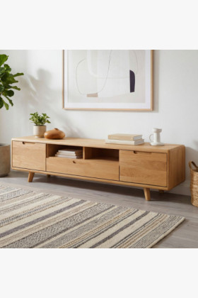 TV-Kommode aus Holz, Eiche Natur auf Füßen