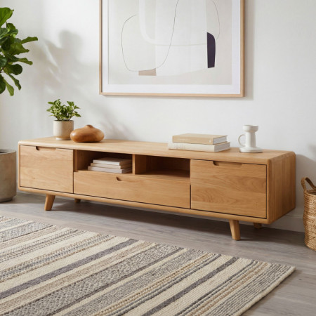 TV-Kommode aus Holz, Eiche Natur auf Füßen