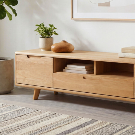 TV-Kommode aus Holz, Eiche Natur auf Füßen