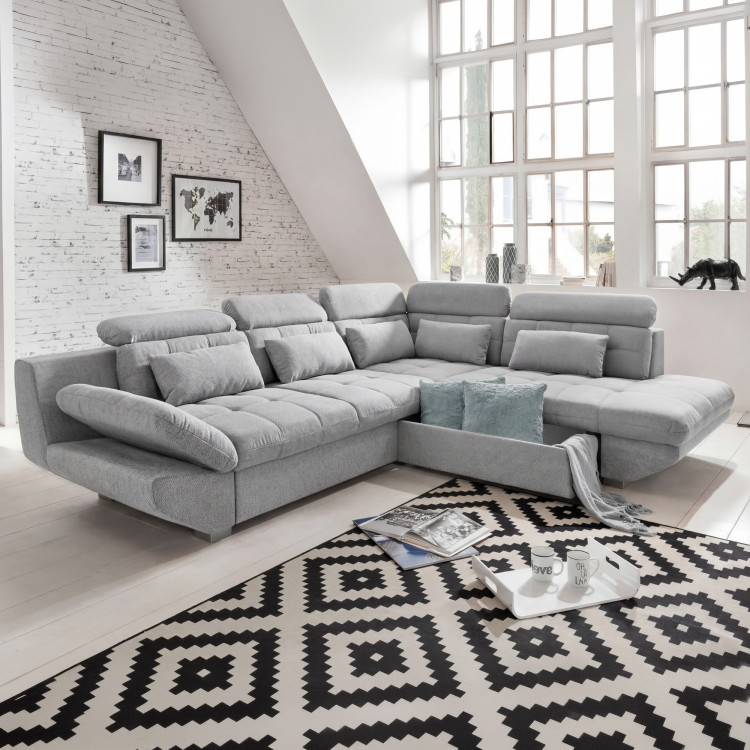 Rundecke Polsterecke grau – rechte Ecke mit Schlaf- und Stauraumfunktion