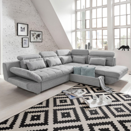 Rundecke Polsterecke grau – rechte Ecke mit Schlaf- und Stauraumfunktion