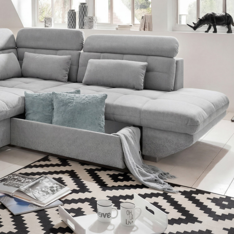 Rundecke Polsterecke grau – rechte Ecke mit Schlaf- und Stauraumfunktion