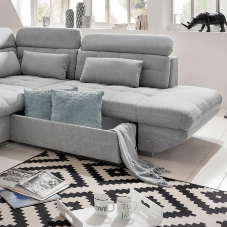 Rundecke Polsterecke grau – rechte Ecke mit Schlaf- und Stauraumfunktion