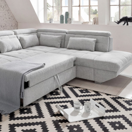 Rundecke Polsterecke grau – rechte Ecke mit Schlaf- und Stauraumfunktion