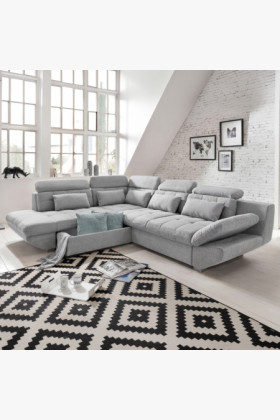 R Ecksofa grau – Eck links mit Schlaffunktion und Stauraum