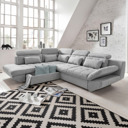 R Ecksofa grau – Eck links mit Schlaffunktion und Stauraum