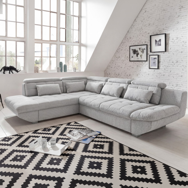 R Ecksofa grau – Eck links mit Schlaffunktion und Stauraum