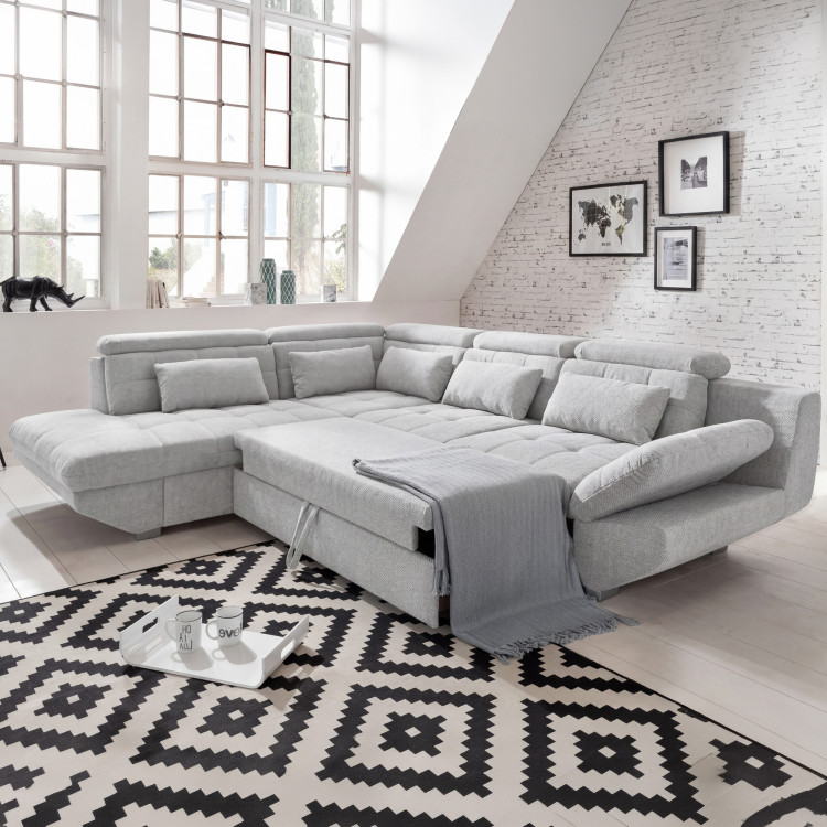 R Ecksofa grau – Eck links mit Schlaffunktion und Stauraum