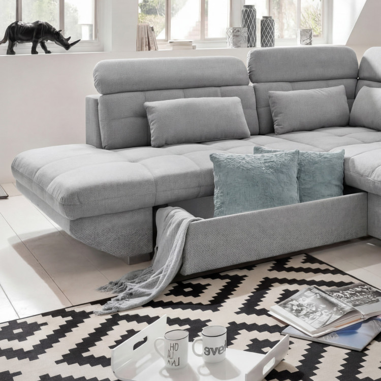 R Ecksofa grau – Eck links mit Schlaffunktion und Stauraum