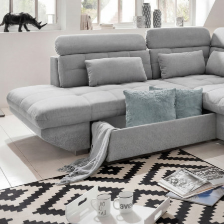 R Ecksofa grau – Eck links mit Schlaffunktion und Stauraum