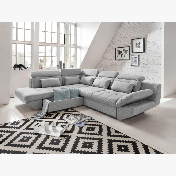 R Ecksofa grau – Eck links mit Schlaffunktion und Stauraum