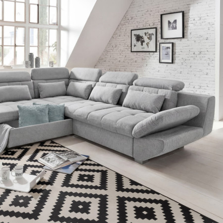 R Ecksofa grau – Eck links mit Schlaffunktion und Stauraum