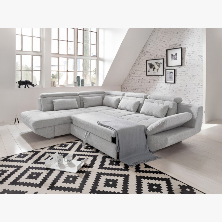 R Ecksofa grau – Eck links mit Schlaffunktion und Stauraum