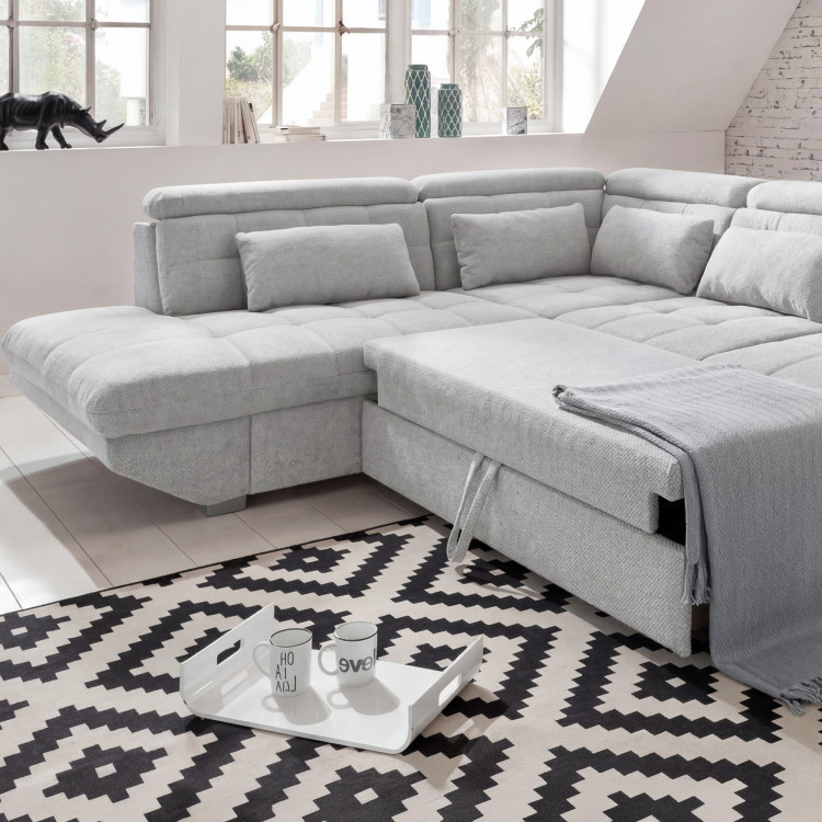 R Ecksofa grau – Eck links mit Schlaffunktion und Stauraum