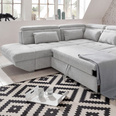 R Ecksofa grau – Eck links mit Schlaffunktion und Stauraum