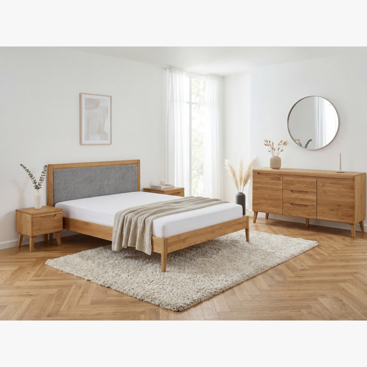 Manchette Bett mit Füßen aus Eiche 180 x 200 cm, Stoffkopfteil