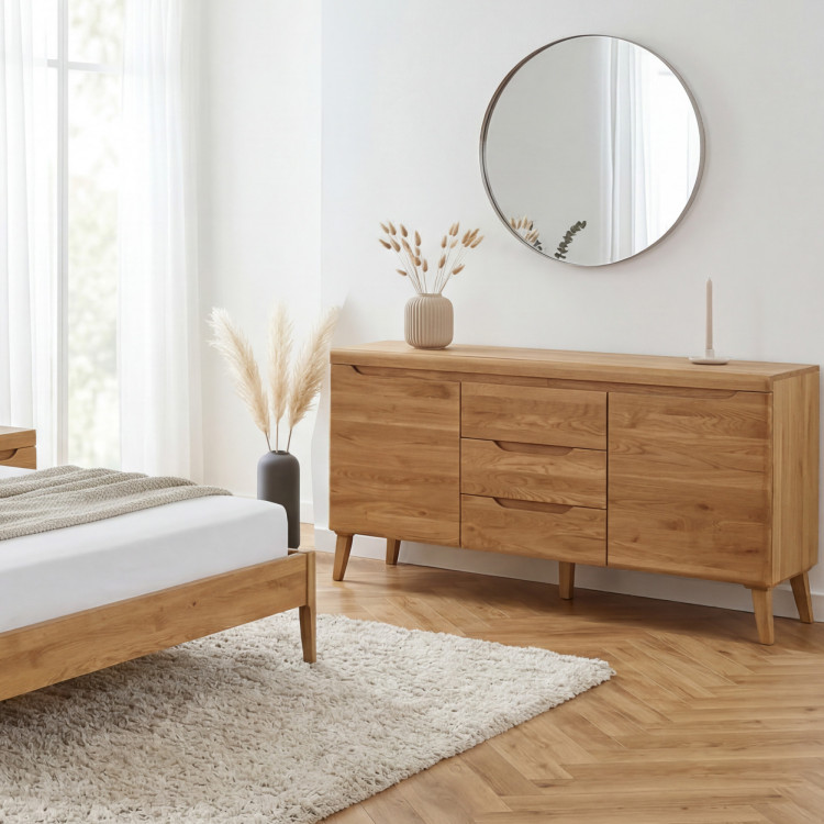 Manchette Bett mit Füßen aus Eiche 180 x 200 cm, Stoffkopfteil