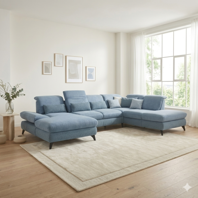 Sedergarnitur Carolina in U-Form mit Funktionsmöglichkeiten, blau